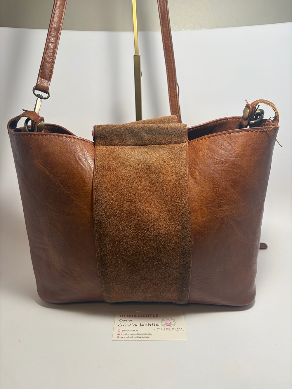 Madison West Cognac Brown Leather & Suede Shoulder Bag